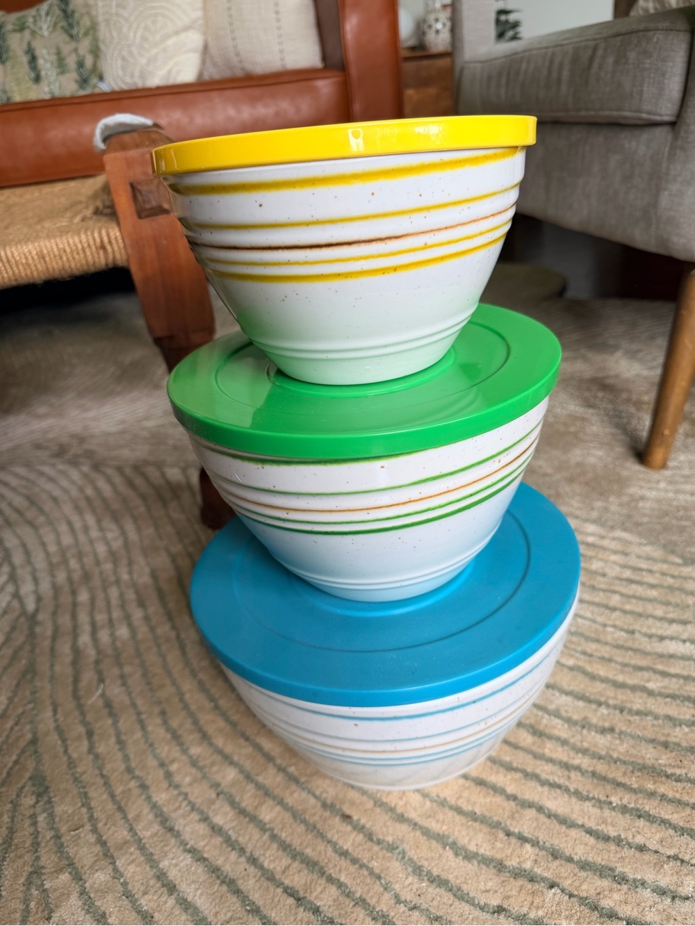 Set of 3 White Mixing Bowls with Colorful Lids